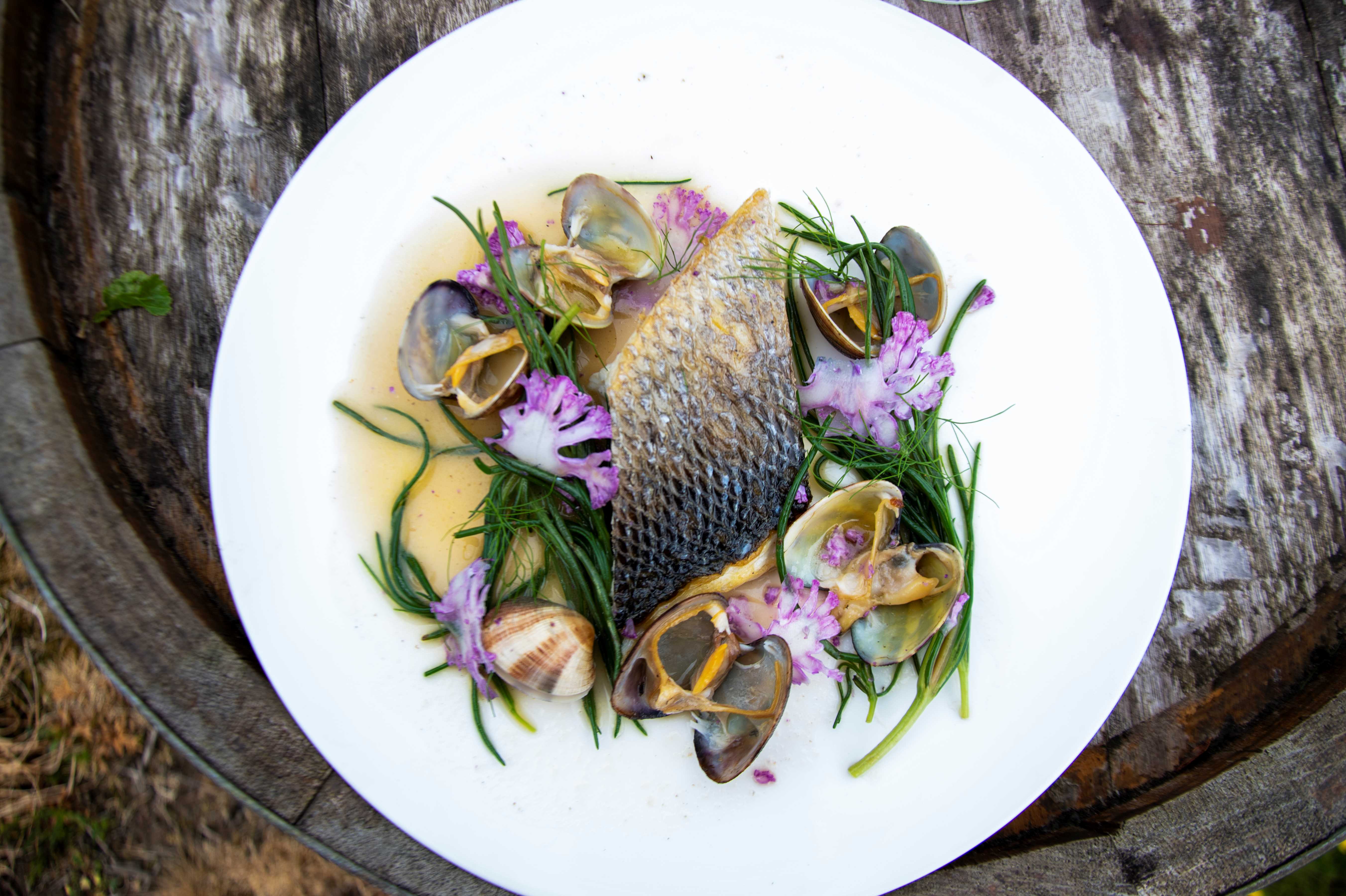 Baked Seabass, Purple Cauliflower, Samphire & Cockles